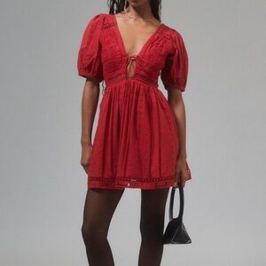 Urban Outfitters | UO | Marlee Eyelet Puff Sleeve Mini Dress | RED | Small